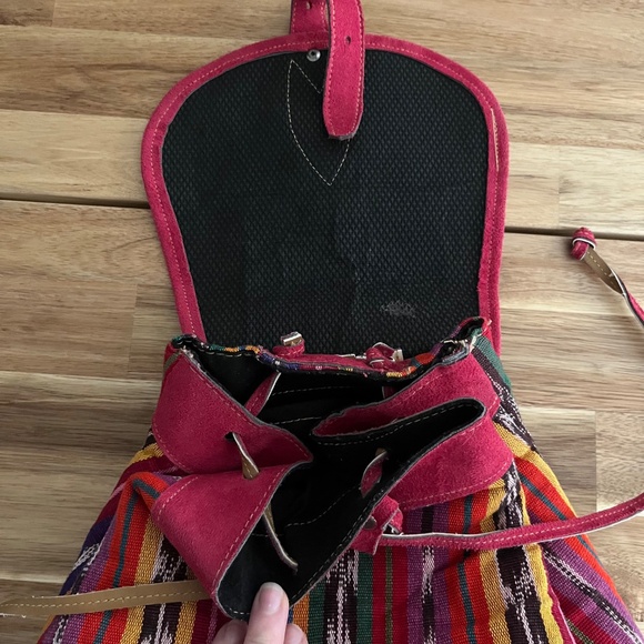 Handmade Guatemala Backpack Woven / Leather / Suede Pink Multicolor - Picture 6 of 9